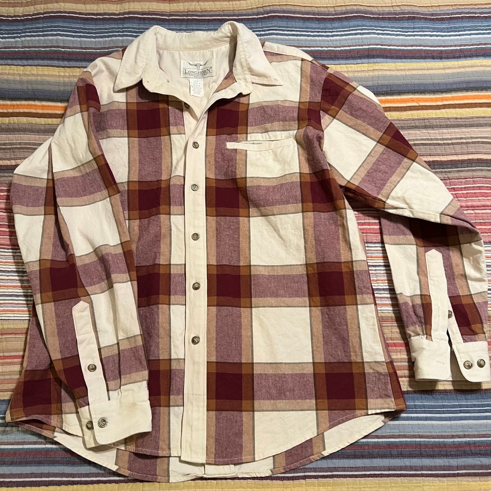Longhorn River Western Wear Plaid Button Up Shirt Men's Large Cotton Made in USA